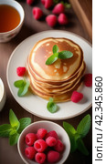Pancakes with raspberry and mint leaf.Масленица.Оладьи,блинчики с малиной,вид сверху. Стоковое AI-изображение, AI-художник Галина Беляева / Фотобанк Лори
