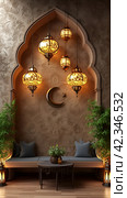 Modern 3D greeting card Islamic holiday banner suitable for Ramadan, Raya Hari, Eid al-Adha and Mawlid. Attributes of a mosque, a crescent and a lit lantern on a beige background with empty space. Стоковое AI-изображение, AI-художник Мария Фадеева / Фотобанк Лори