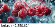 Fresh raspberry immersed in water. Under surface. Blue background. Horizontal layout. Стоковое AI-изображение, AI-художник Катерина Ковалева / Фотобанк Лори
