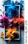 Holi background, voluminous and airy colored powder on a light background with empty space for design. Стоковое AI-изображение, AI-художник Мария Фадеева / Фотобанк Лори