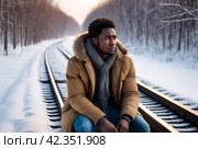 Sad african american guy sitting on railway track in snowy russian winter at falling snow countryside, eye looking away. Sorrowful black man posing outside. Lifestyle sorrow concept. Copy text space. Стоковое AI-изображение, AI-художник Aleksandr Golubev / Фотобанк Лори