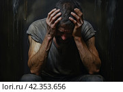 Tormented Man suffering pain. Generate Ai. Стоковое AI-изображение, AI-художник Иван Рябоконь / Фотобанк Лори