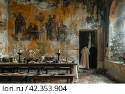 Fellowship at the Monastery Dining Table: Spiritual Unity Through Bread and Prayer in the Heart of the Convent. Стоковое AI-изображение, AI-художник Юрий Поздников / Фотобанк Лори