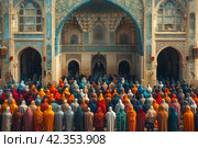 Polyphonic Prayers of Believers for Peace: Spiritual Unity in a Religious Community on the Way to Harmony. Стоковое AI-изображение, AI-художник Юрий Поздников / Фотобанк Лори