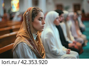 Believers pray: bowing before communion in the mirror of light and prayers. Стоковое AI-изображение, AI-художник Юрий Поздников / Фотобанк Лори