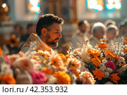The Paschal Prayer of a Priest in a Church Church: Spiritual Merging with the Higher in the Emanation of Light and Repentance. Стоковое AI-изображение, AI-художник Юрий Поздников / Фотобанк Лори
