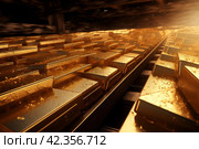 Burdensome Piles gold bar conveyor debt. Generate Ai. Стоковое AI-изображение, AI-художник Иван Рябоконь / Фотобанк Лори