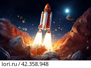 Groundbreaking Startup rocket in space. Generate Ai. Стоковое AI-изображение, AI-художник Иван Рябоконь / Фотобанк Лори