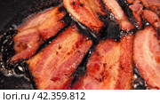 Frying Bacon Slices in a Pan. Crispy Pieces of Delicious Red Thin Smokey Bacon Fried in a Hot Skillet. Traditional Breakfast. Smoked Bacon Rasher or Strip Being Cooked. Grill. Fat High Calorie Food. Стоковое видео, видеограф Марина Демидюк / Фотобанк Лори