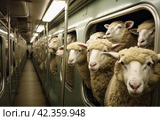 Crowded Sheep crammed subway. Generate ai. Стоковое AI-изображение, AI-художник Иван Рябоконь / Фотобанк Лори