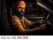 Industrious Sikh adult taxi driver city street. Generate AI. Стоковое AI-изображение, AI-художник Иван Рябоконь / Фотобанк Лори