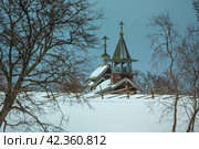 Часовня Михаила Архангела из деревни Леликозеро. Остров Кижи. Февраль. Редакционное фото, фотограф Сергей Цепек / Фотобанк Лори