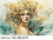 Watercolor painting of a beautiful mermaid with long hair in the sea. Стоковое AI-изображение, AI-художник Анна Кривицкая / Фотобанк Лори