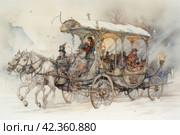 Horse-drawn carriage in the winter forest. Watercolor painting. Стоковое AI-изображение, AI-художник Анна Кривицкая / Фотобанк Лори