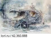 Horse-drawn carriage in the winter forest. Watercolor painting. Стоковое AI-изображение, AI-художник Анна Кривицкая / Фотобанк Лори