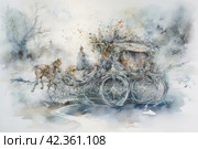 Horse-drawn carriage in the winter forest. Watercolor painting. Стоковое AI-изображение, AI-художник Анна Кривицкая / Фотобанк Лори