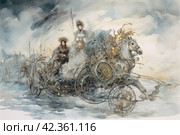 Horse-drawn carriage in the winter forest. Watercolor painting. Стоковое AI-изображение, AI-художник Анна Кривицкая / Фотобанк Лори
