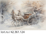 Horse-drawn carriage in the winter forest. Watercolor painting. Стоковое AI-изображение, AI-художник Анна Кривицкая / Фотобанк Лори