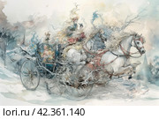 Horse-drawn carriage in the winter forest. Watercolor painting. Стоковое AI-изображение, AI-художник Анна Кривицкая / Фотобанк Лори