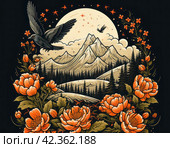 Hand drawn vector illustration with mountains, clouds, birds and flowers. Стоковое AI-изображение, AI-художник Анна Кривицкая / Фотобанк Лори