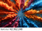 Holi background, colored powder on dark background with empty space for design. Стоковое AI-изображение, AI-художник Мария Фадеева / Фотобанк Лори