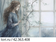 Beautiful girl in a blue dress on the windowsill. Fairy tale. Стоковое AI-изображение, AI-художник Анна Кривицкая / Фотобанк Лори