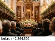 A choir of singers sings at the consecration of the church: sounds of reverence for the shrine. Стоковое AI-изображение, AI-художник Юрий Поздников / Фотобанк Лори