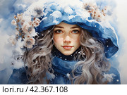 Beautiful brunette in a blue cloak with a hood, fantasy style,Generative AI. Стоковое AI-изображение, AI-художник Анна Кривицкая / Фотобанк Лори