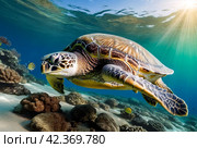 Green sea Turtle (Testudines) mammal swimming in tropical underwaters. Turtles in underwater wild animal world. Observation of wildlife ocean. Scuba diving adventure in Ecuador coast. Стоковое AI-изображение, AI-художник Aleksandr Golubev / Фотобанк Лори