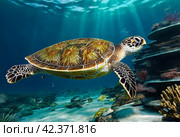 Green sea Turtle (Testudines) mammal swimming in tropical underwaters. Turtles in underwater wild animal world. Observation of wildlife ocean. Scuba diving adventure in Ecuador coast. Стоковое AI-изображение, AI-художник Aleksandr Golubev / Фотобанк Лори