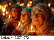 Easter Worship: Believers present candles and Easter cakes at a church service. Стоковое AI-изображение, AI-художник Юрий Поздников / Фотобанк Лори