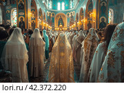 Glorification in the chapels: renewed icons accompany the procession of the faithful in the church. Стоковое AI-изображение, AI-художник Юрий Поздников / Фотобанк Лори