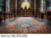 The ceremonial unveiling of the new carpet at the altar: a symbolic action in the decoration of the sanctuary. Стоковое AI-изображение, AI-художник Юрий Поздников / Фотобанк Лори
