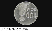 Реверс монеты Узбекистана 100 сумов на черном фоне. Бесшовная анимация. Reverse of Uzbekistan coin 100 so'm, isolated in black background. Seamless animation in 4k resolution video. Стоковая анимация, аниматор Александр Кузнецов / Фотобанк Лори