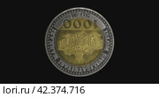 Реверс монеты Узбекистана 1000 сумов 2022 года на черном фоне. Бесшовная анимация. Reverse of Uzbekistan coin 1000 som 2022, isolated in black background. Seamless animation in 4k resolution video. Стоковая анимация, аниматор Александр Кузнецов / Фотобанк Лори