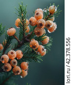 Close-up of the edge and texture of an entire juniper branch with berries,Generative AI. Стоковое AI-изображение, AI-художник Анна Кривицкая / Фотобанк Лори