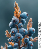 Close-up of the edge and texture of an entire juniper branch with berries,Generative AI. Стоковое AI-изображение, AI-художник Анна Кривицкая / Фотобанк Лори