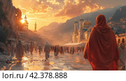 A pilgrim makes a religious journey to Mecca for rituals and prayers. Стоковое AI-изображение, AI-художник Юрий Поздников / Фотобанк Лори