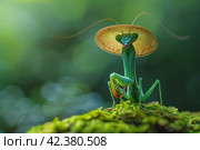 Mantis on a green background,Generative AI. Стоковое AI-изображение, AI-художник Анна Кривицкая / Фотобанк Лори
