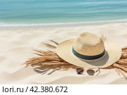 A straw hat and sunglasses on a sandy beach under a palm tree, a summer vacation concept, Стоковое AI-изображение, AI-художник Виктория Тельминова / Фотобанк Лори