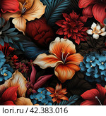 Hawaiian Design: With the following Blending ratios: floral designs with tropical rainforest broad leaves and blooms, it true, black background --no mock up ,Generative AI. Стоковое AI-изображение, AI-художник Анна Кривицкая / Фотобанк Лори