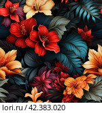 Hawaiian Design: With the following Blending ratios: floral designs with tropical rainforest broad leaves and blooms, it true, black background --no mock up ,Generative AI. Стоковое AI-изображение, AI-художник Анна Кривицкая / Фотобанк Лори