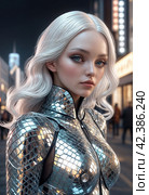 Futuristic female silver suit. People of the future. Image generated by AI. Стоковое AI-изображение, AI-художник Андрей Аркуша / Фотобанк Лори