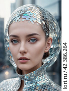 Futuristic female silver suit. People of the future. Image generated by AI. Стоковое AI-изображение, AI-художник Андрей Аркуша / Фотобанк Лори