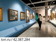 Женщина осматривает картины в музейном комплексе им И.Я. Словцова. Город Тюмень (2023 год). Редакционное фото, фотограф Александр Тараканов / Фотобанк Лори