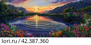 Crane Lake surrounded by bright colors reflecting the colorful sky at sunset with mountains in the background. Generated by AI. Стоковое AI-изображение, AI-художник Ярославский Максим / Фотобанк Лори