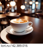 Cup of coffee in cafe. Anamorphic bokeh effect. Tilt-shift photo. Hot coffee in a white cup. The coffee is getting cold. Aroma of coffee beans. Label or advertisement. Foam cappuccino in bar. Стоковое AI-изображение, AI-художник Юлия Петровская / Фотобанк Лори