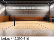 Volleyball court with net in old school gym, top view, copy space. Backdrop sports image of volleyball courts in sport hall. Concept of team game, active match, healthy lifestyle and team success. Стоковое AI-изображение, AI-художник Aleksandr Golubev / Фотобанк Лори