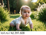 Crying unhappy baby girl crawling in green grass lawn summer urban park, sad depressed. Sorrowful kid creeping in city springtime season. Concept of childhood and baby health care. Copy text space. Стоковое AI-изображение, AI-художник Aleksandr Golubev / Фотобанк Лори