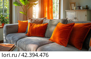 Well-Lit Living Room With Abundant Windows. Стоковое AI-изображение, AI-художник Юлия Гапеенко / Фотобанк Лори